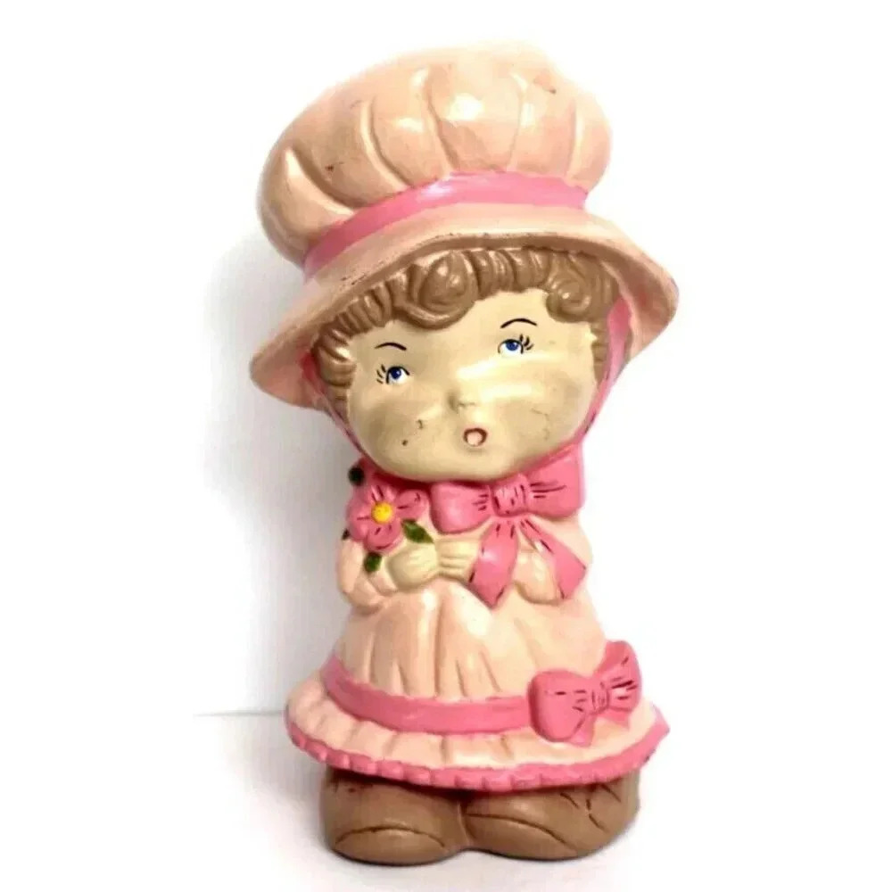 VTG 1970s Big Bonnet Girl Figure BABY Kitsch BROWN Hair Ceramic Statue Flowers